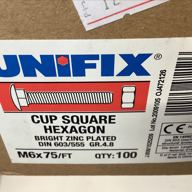Cup sq bolt m6x75 b102025 qty 100
