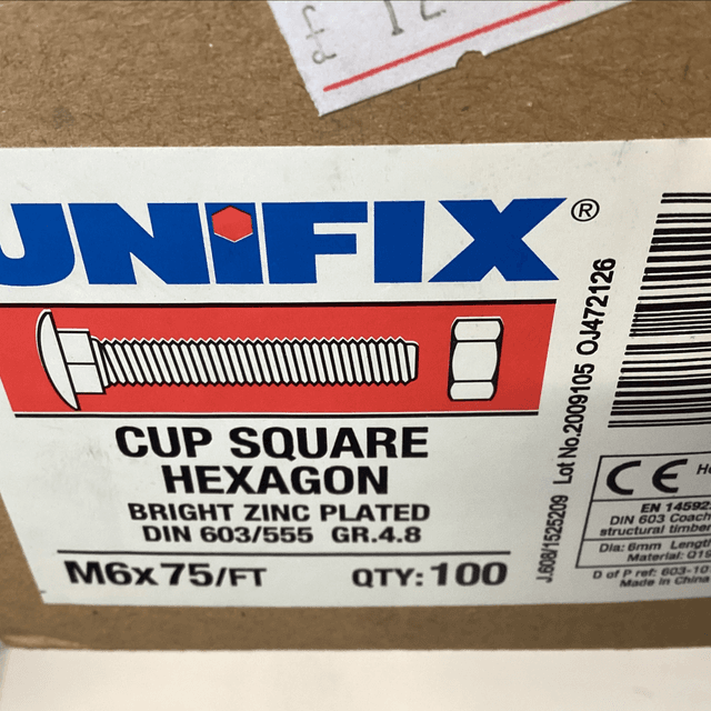 Cup sq bolt m6x75 b102025 qty 100